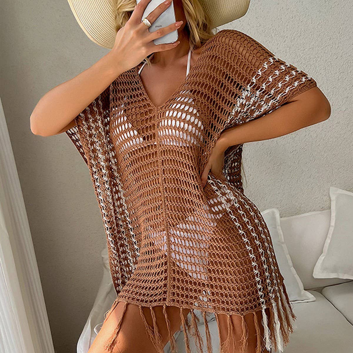 FRINGED CUTOUT BIKINI BEACH SWIMSUIT COVER UP