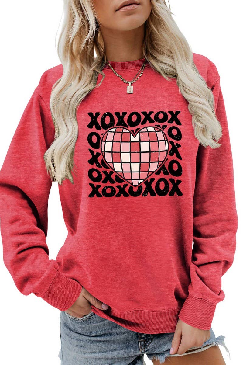 VALENTINE DAY XO PLAID HEART PRINT SWEATSHIRT_CWTSTL0981