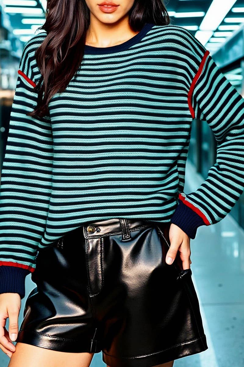 CWOSWL07084_STRIPED KNITTED CREW NECK LOOSE LONG-SLEEVED TOP