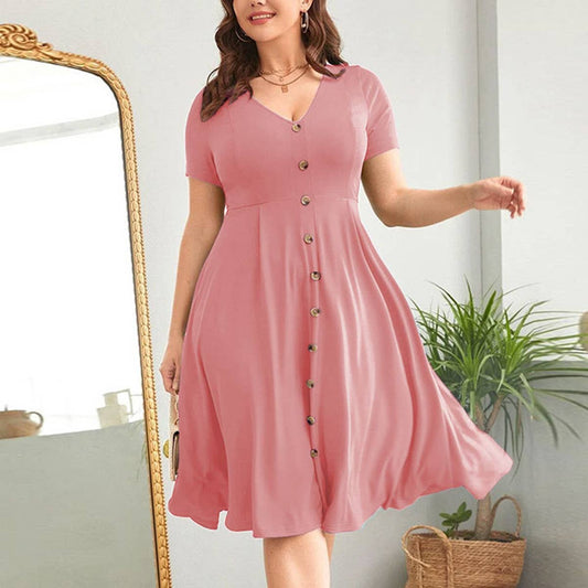 V NECK SINGLE ROW BUTTON SHORT SLEEVE SWING DRESS