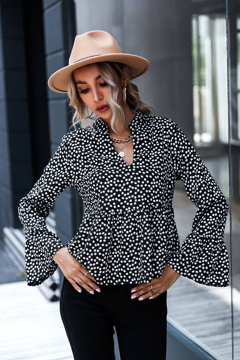 V-NECK SEXY POLKA DOT LONG SLEEVE SIMPLE TOP