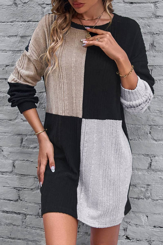 CWDSD6624_CREW NECK LONG SLEEVE SWEATER DRESS SHORT