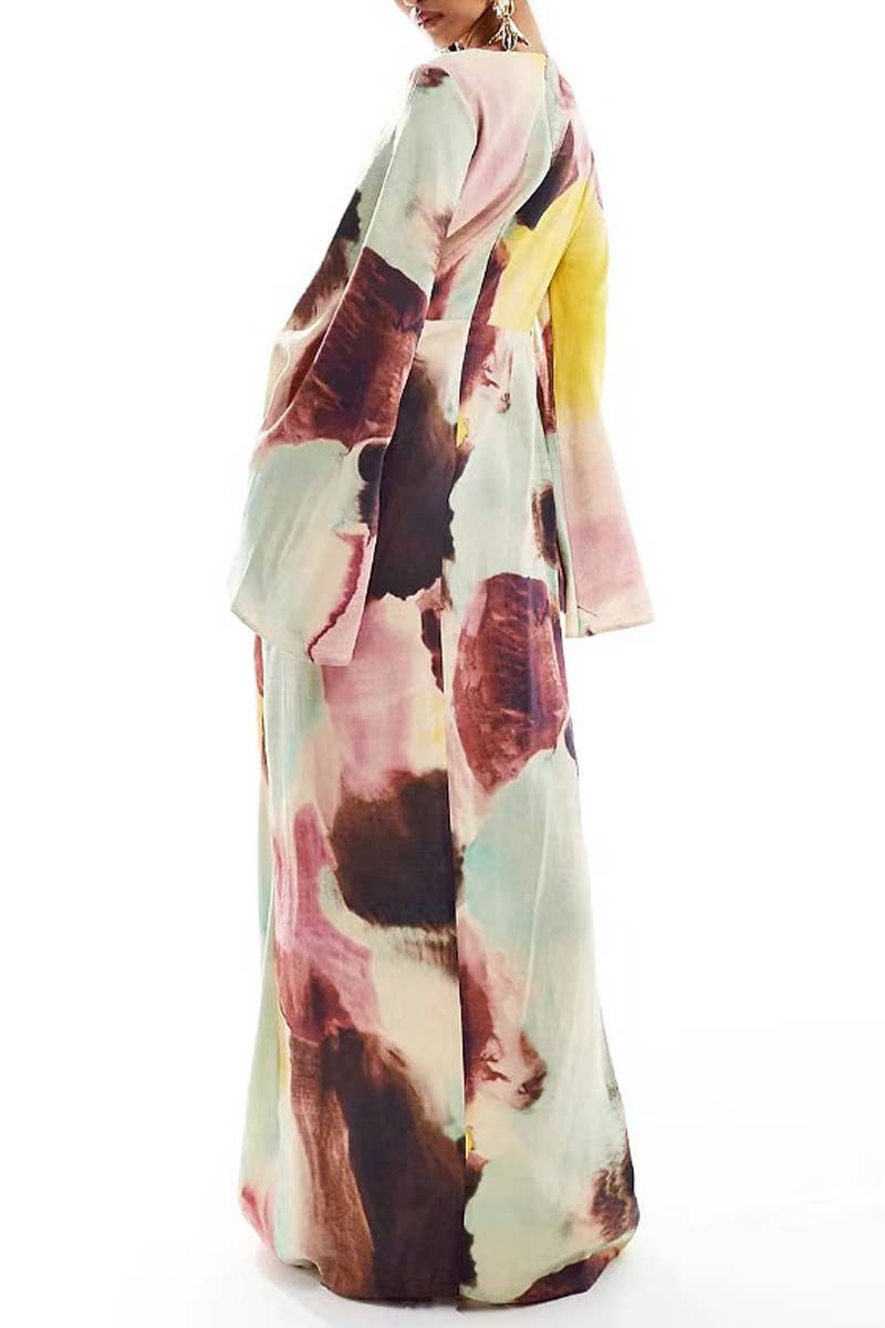 CWDMD5475_PLEATED PRINTED TRUMPET SLEEVE MAXI DRESS