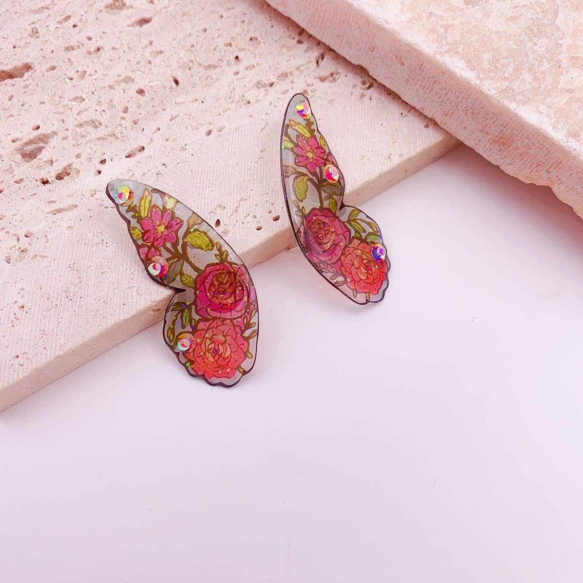 Painted ear studs with simulated butterfly wings