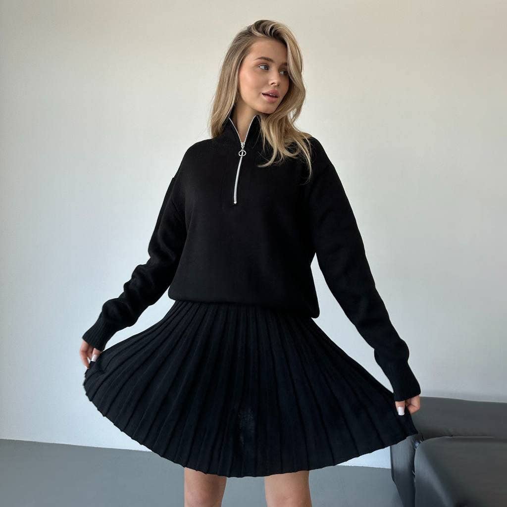 Two-piece knitted sweater and short skirt set