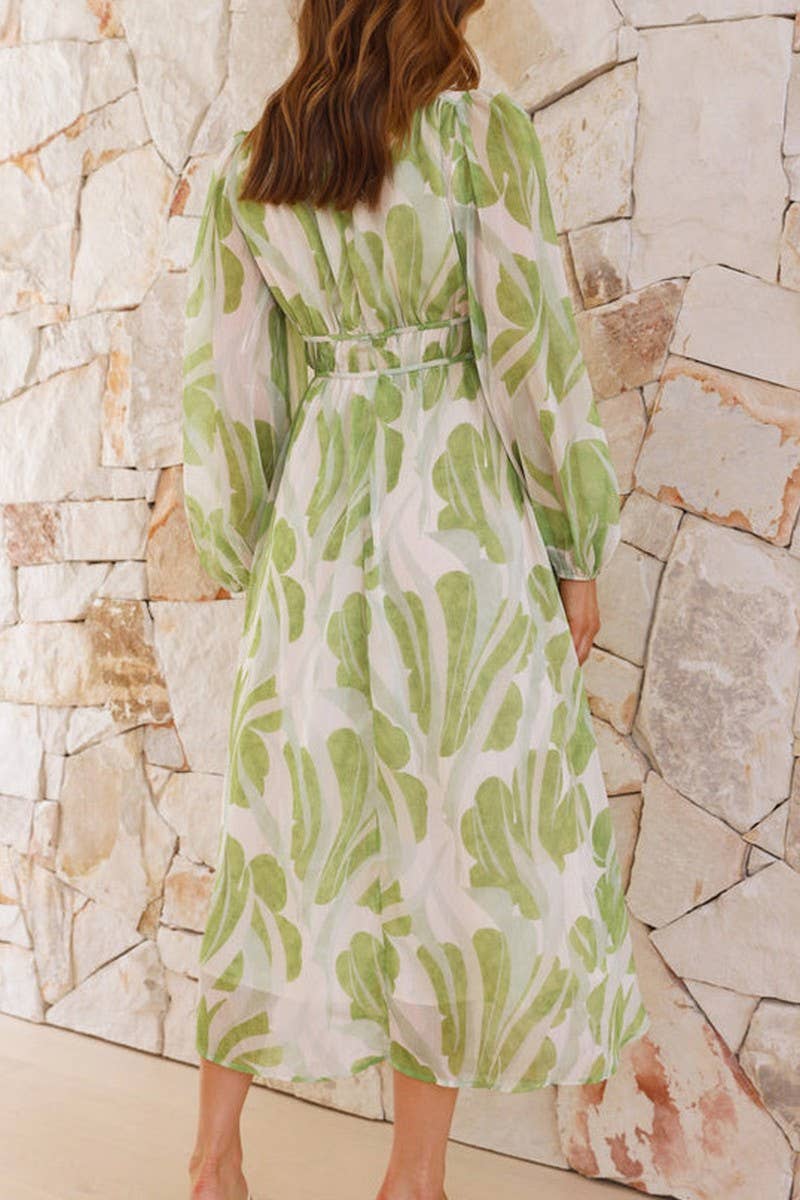 CWDMD5665_ELEGANT V-NECK FLORAL MESH LONG SLEEVE DRESS