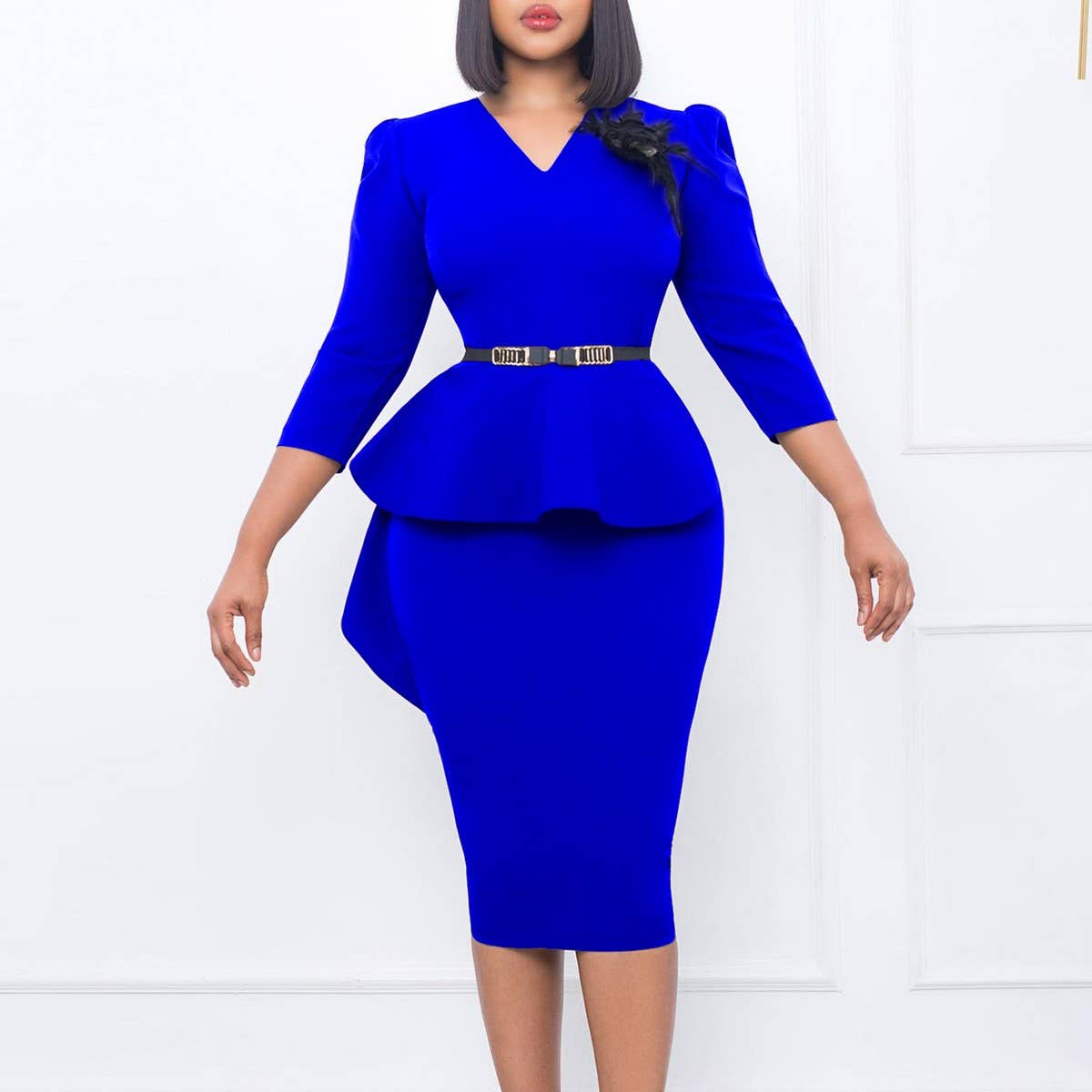 RUFFLED RETRO V-NECK HIP-HUGGING PENCIL DRESS