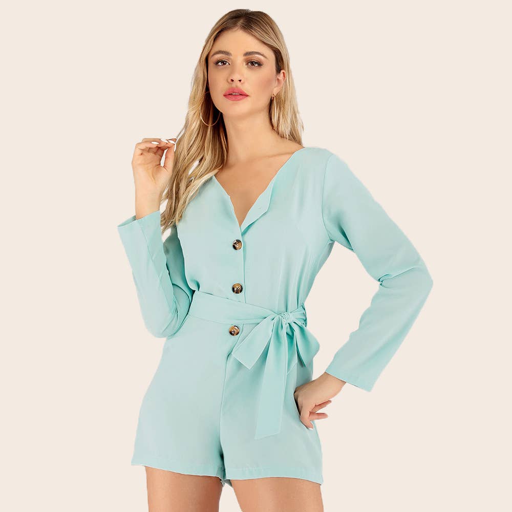 Simple single-breasted V-neck waist romper