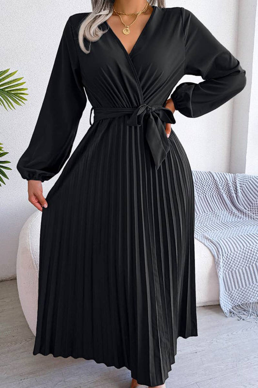 SOLID V NECK PLEATED LONG SKIRT_CWDMD0762