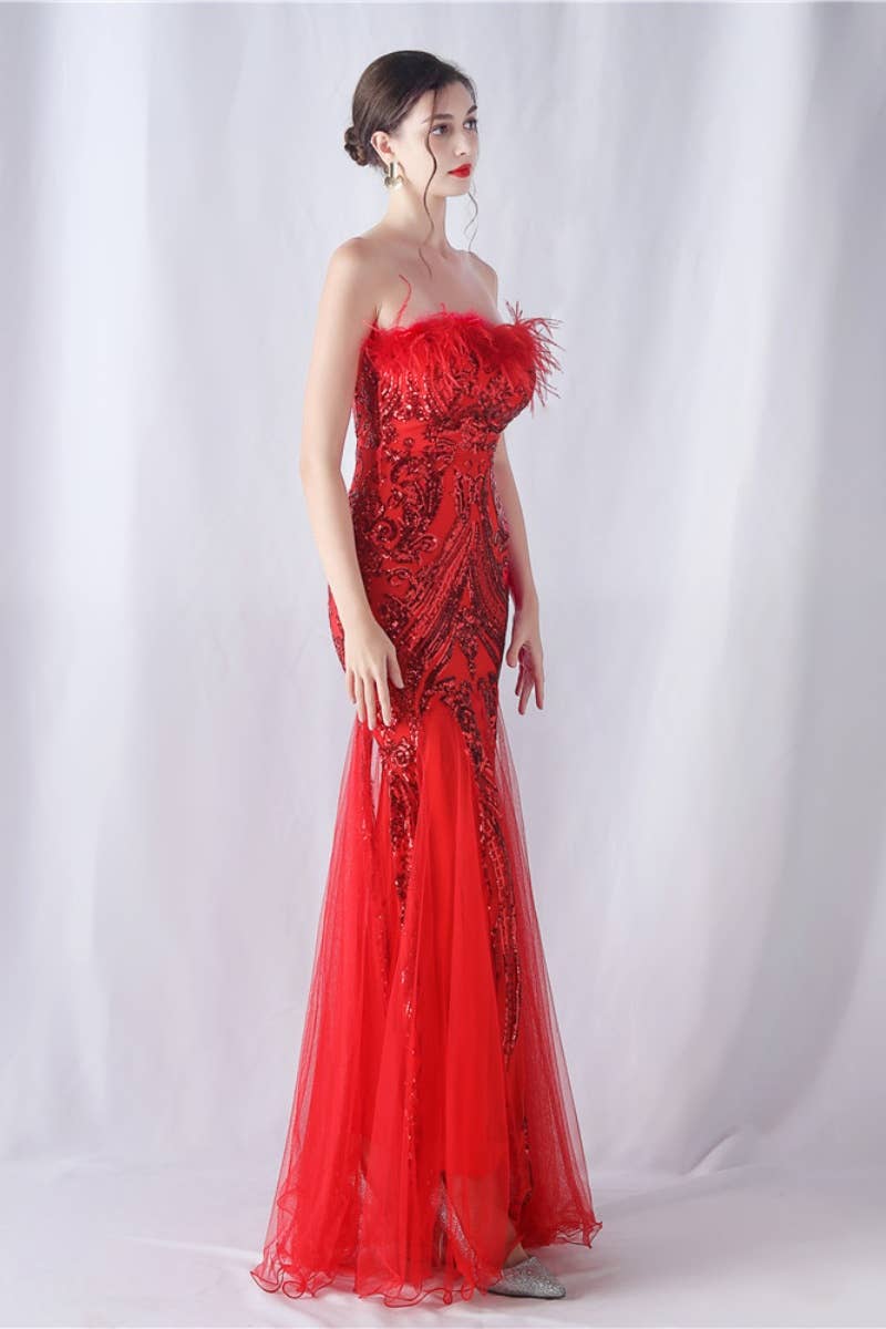 CWDMD3628_FURRY STRAPLESS SEQUIN EVENING DRESS LONG