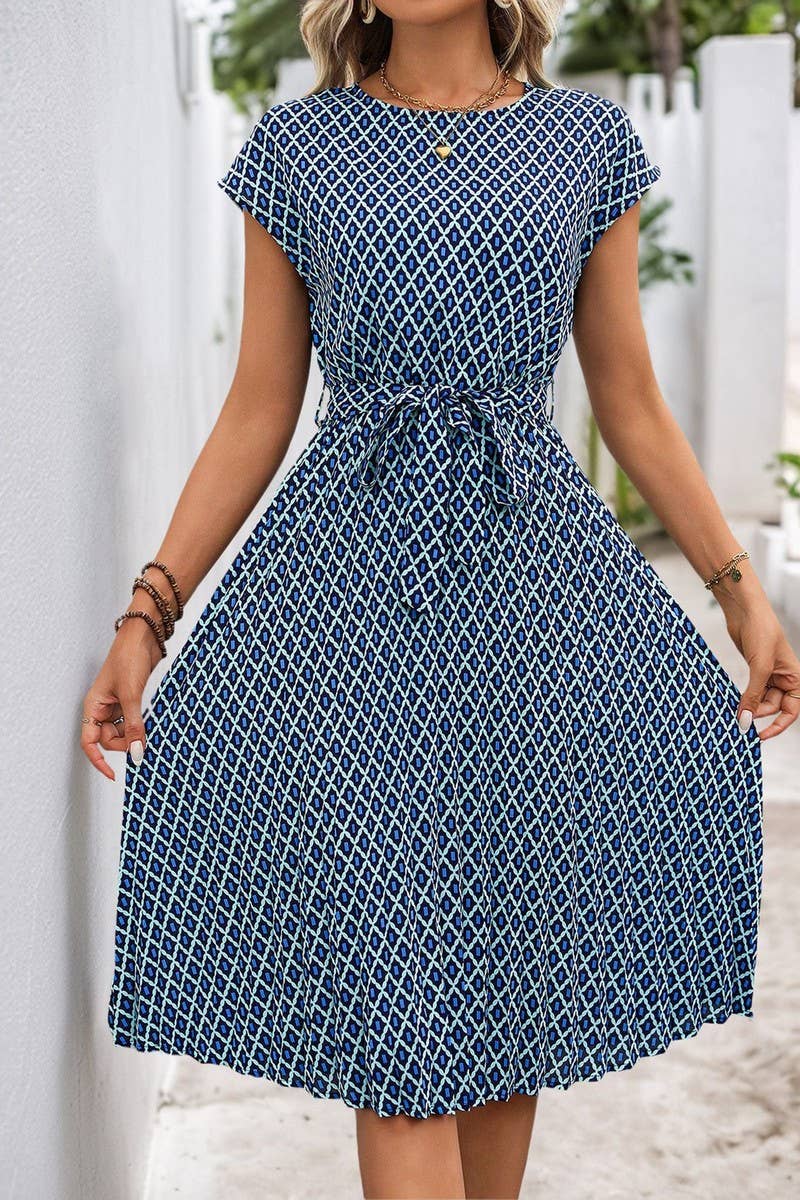 CWDMD4212_TIE-UP FLYING SLEEVES PRINTED CREW NECK DRESS