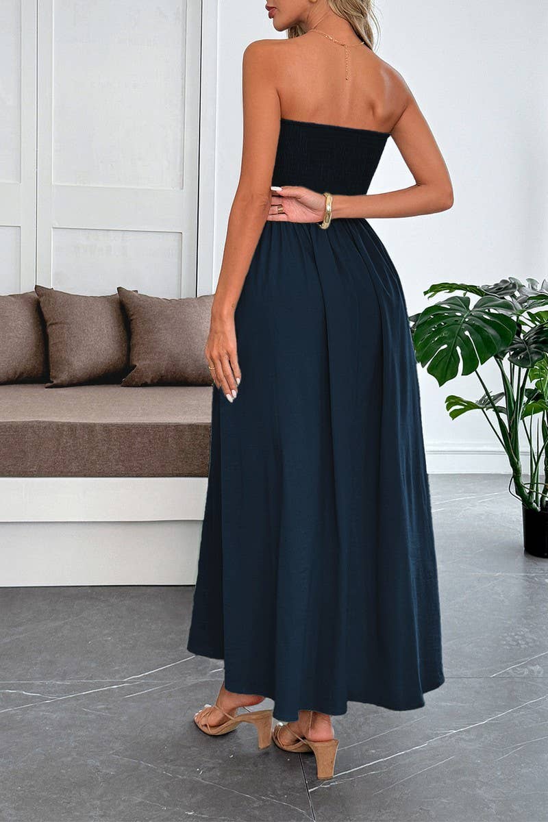 CWDTD00504_SOLID COLOR STRAPLESS WAIST TIE MAXI DRESS
