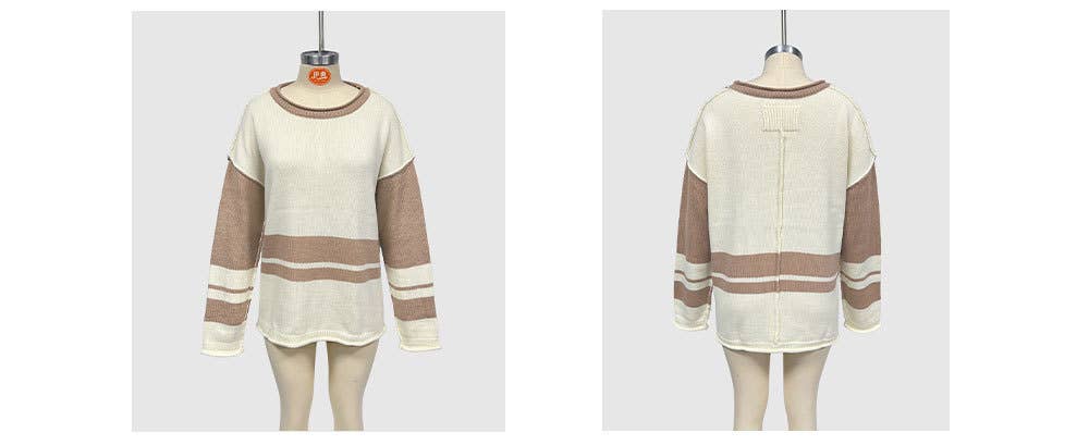 Two-tone round-neck loose and versatile sweater