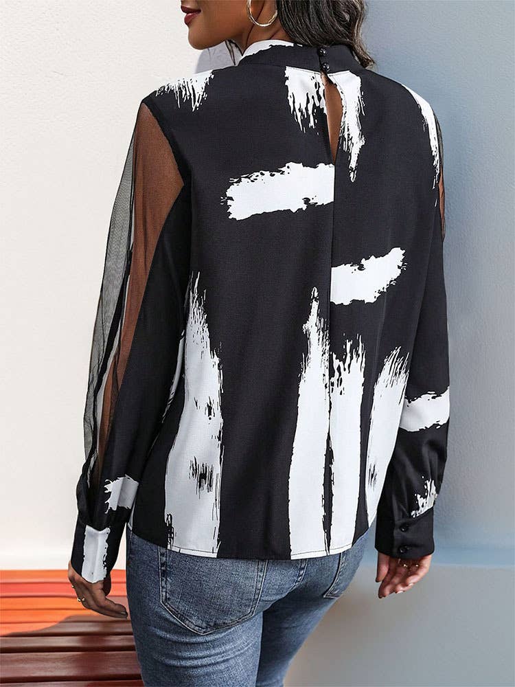 Lace patchwork long-sleeved stand-up shirt