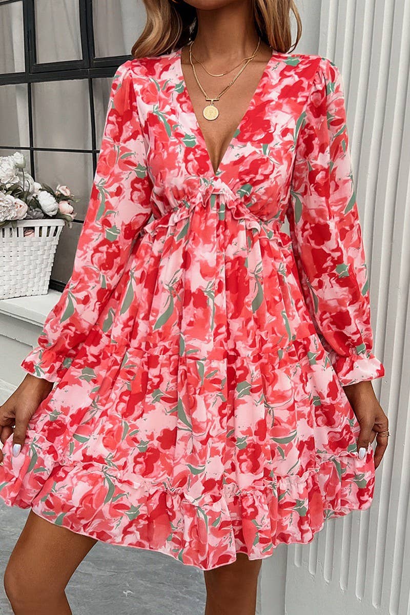 CWDSD7137_ELEGANT PRINTED V NECK LONG SLEEVE DRESS