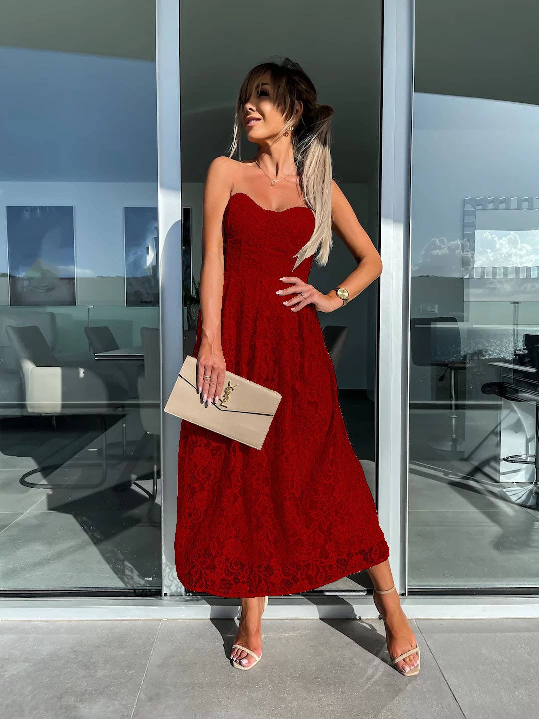 SEXY BREAST WRAP LACE LONG SOLID COLOR DRESS