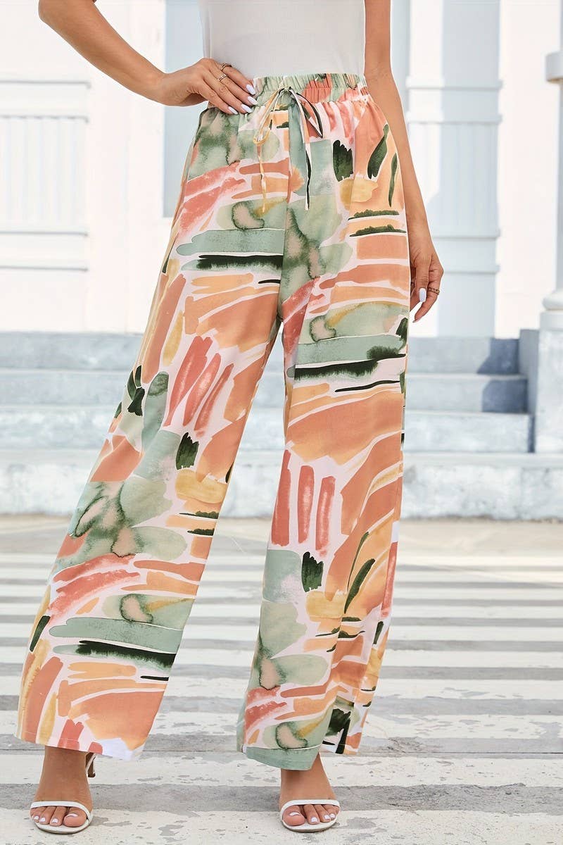 CWBLP1815_SUMMER GRAFFITI PRINT LACE-UP LOOSE TROUSERS