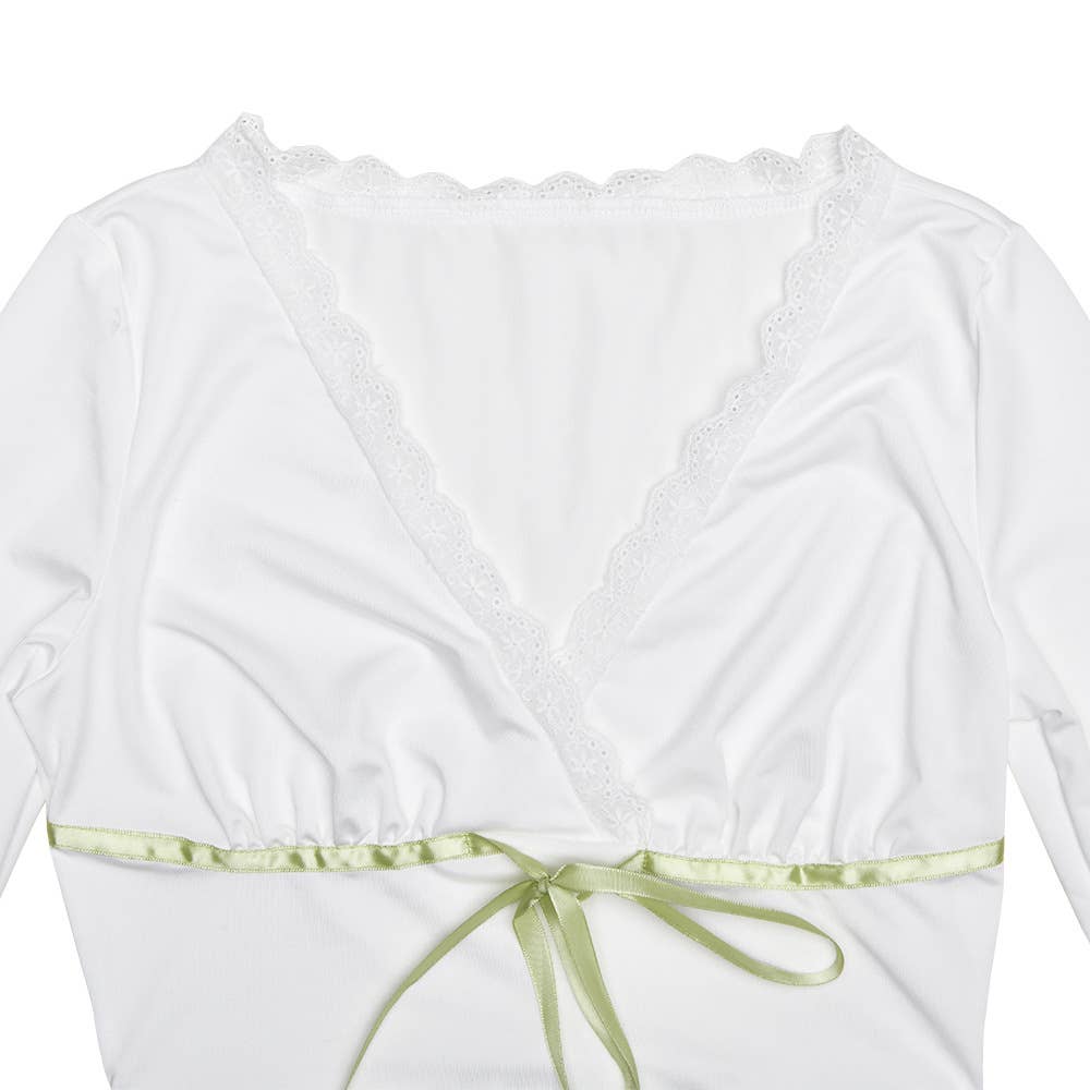 V-neck lace-trimmed bow sexy slimming T-shirt