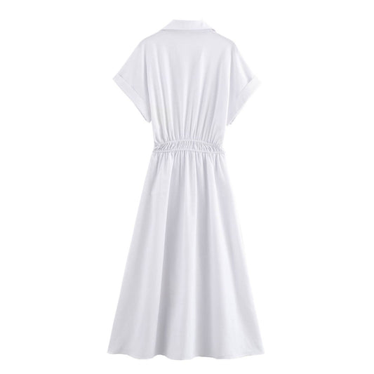 Stylish linen mixed waist one-breasted dress