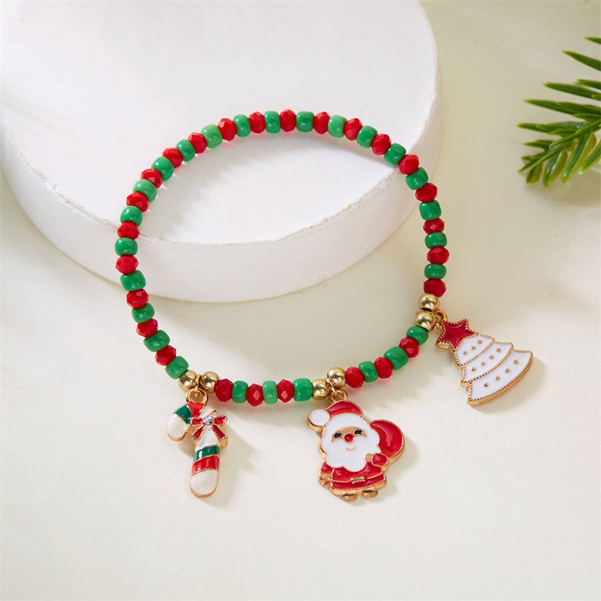 CHRISTMAS CANE PENDANT RICE BEAD BRACELET