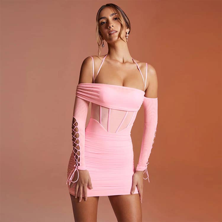 Mesh patchwork ruched tie waist bodycon dress