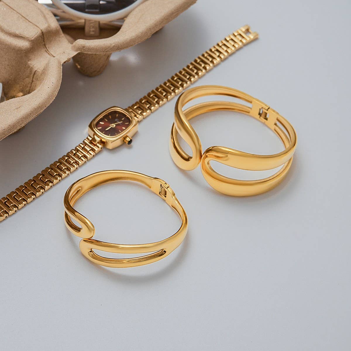 Unique 18K Gold Double Layer Spring Open Cuff