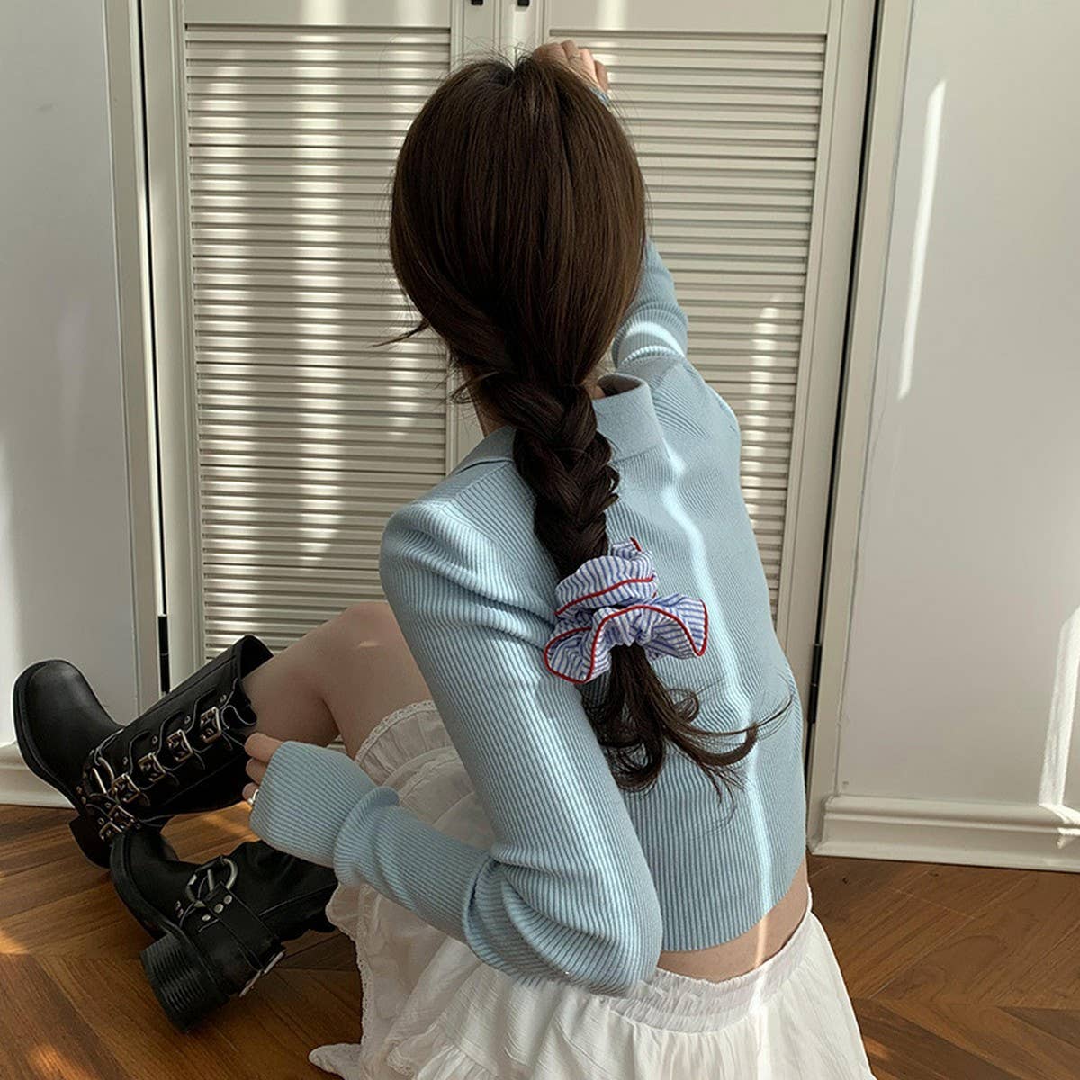 NAVY BLUE STRIPED HIGH ELASTIC HAIR SCRUNCHIES