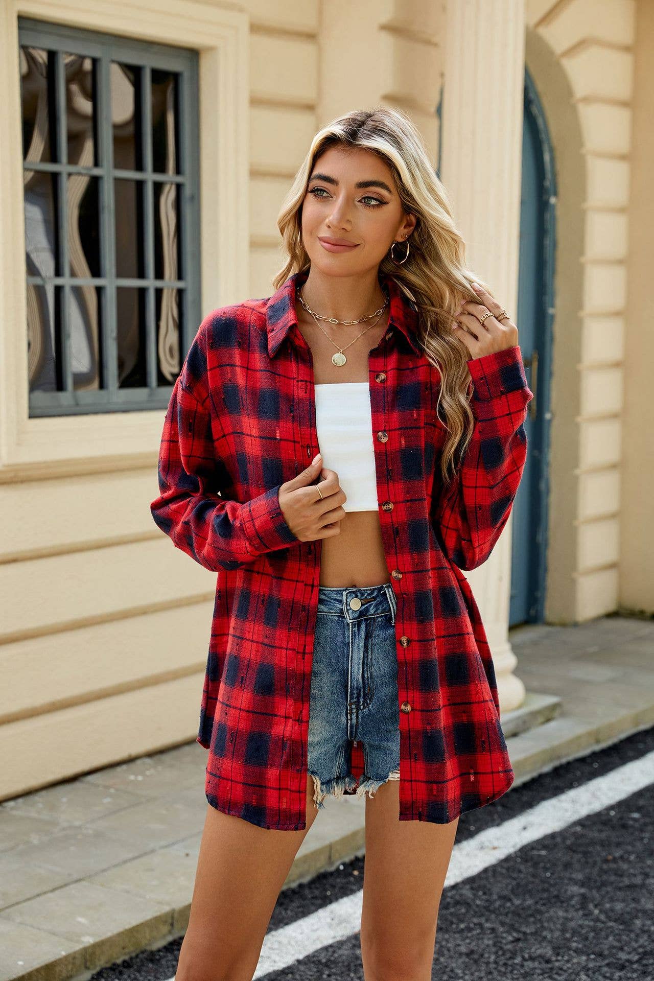 VINTAGE CROCHETED LONG-SLEEVED LAPEL PLAID SHIRT