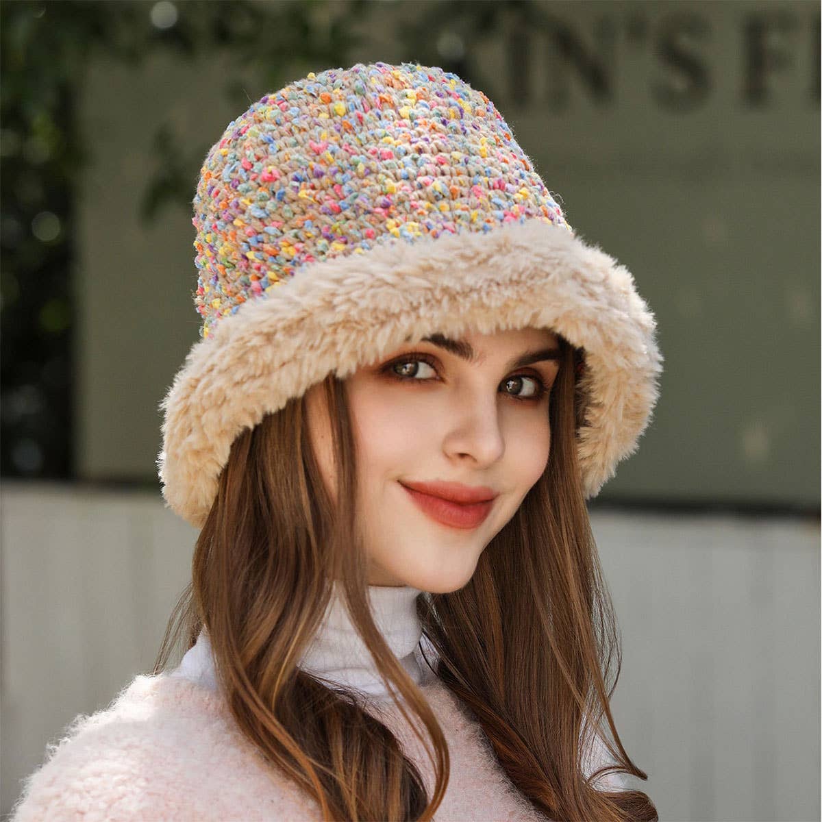 RAINBOW KNIT BEANIE COZY KNITTED BUCKET HAT_CWAH1981