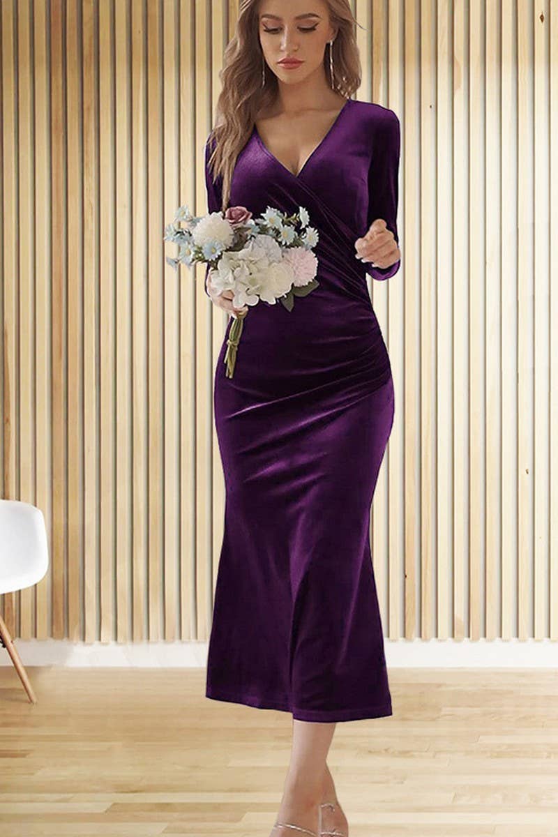 CWDMD3469_V-NECK PLEATED HIP-WRAPPED FISHTAIL EVENING DRESS