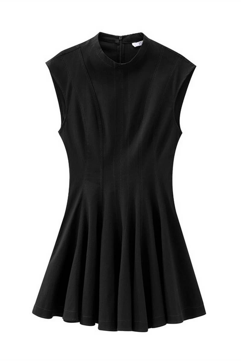 CWDSD6644_ROUND NECK SLEEVELESS SHORT PLEATED DRESS