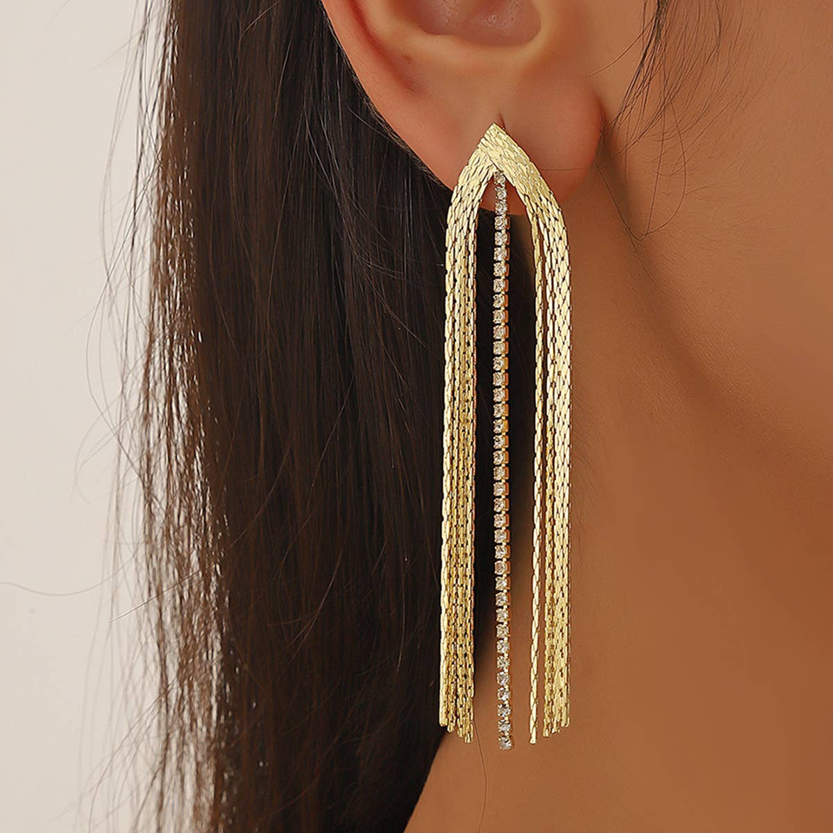 RHINESTONE DECOR METAL TASSEL DROP EARRINGS