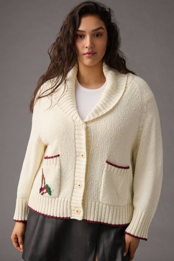 Lapel cherry jacquard single-breasted cardigan