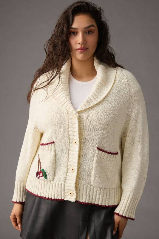 Lapel cherry jacquard single-breasted cardigan