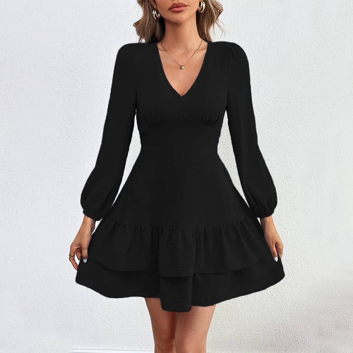 V-neck backless lace long-sleeved dress with ruffles