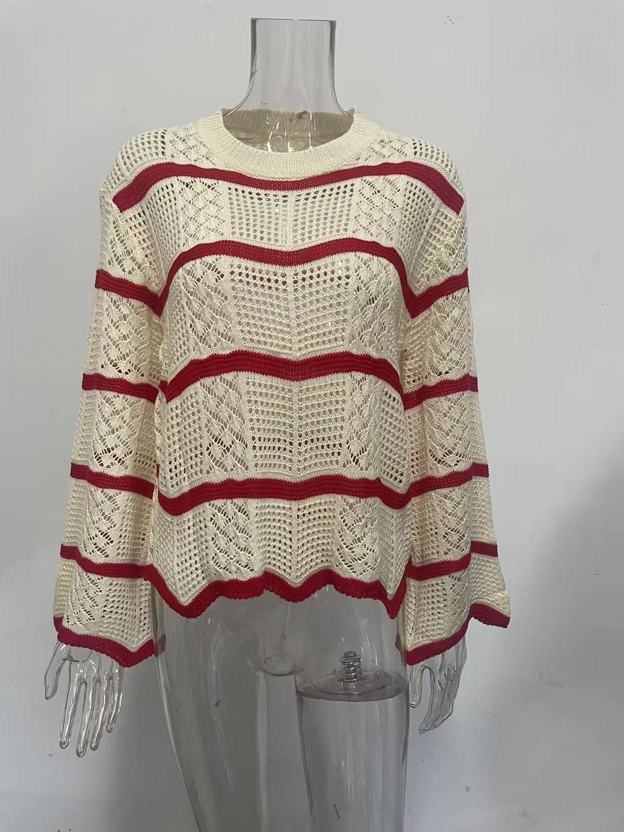 Wavy flared long-sleeved hollowed-out sweater