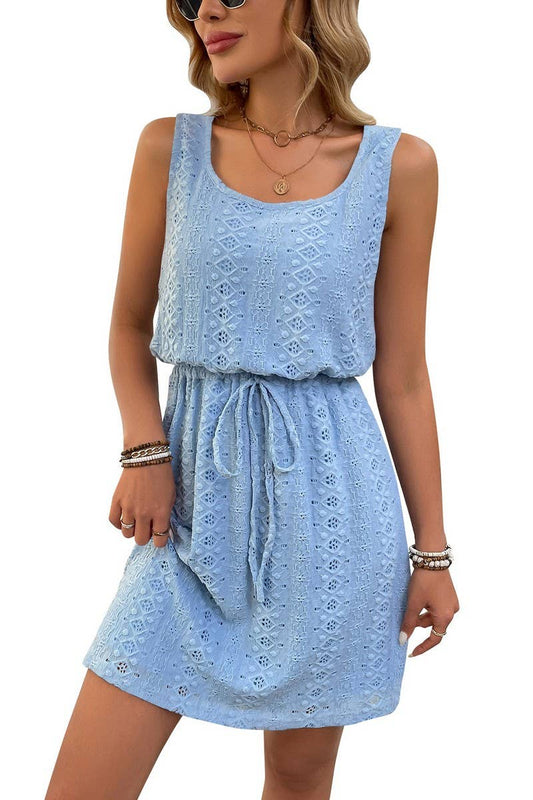 CWDMD4645_SQUARE NECK DRAWSTRING SLEEVELESS DRESS