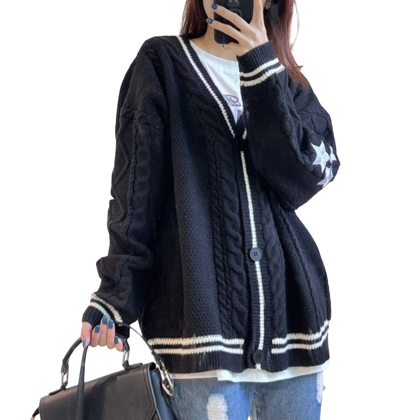 V-NECK STAR EMBROIDERY SINGLE-BREASTED CARDIGAN