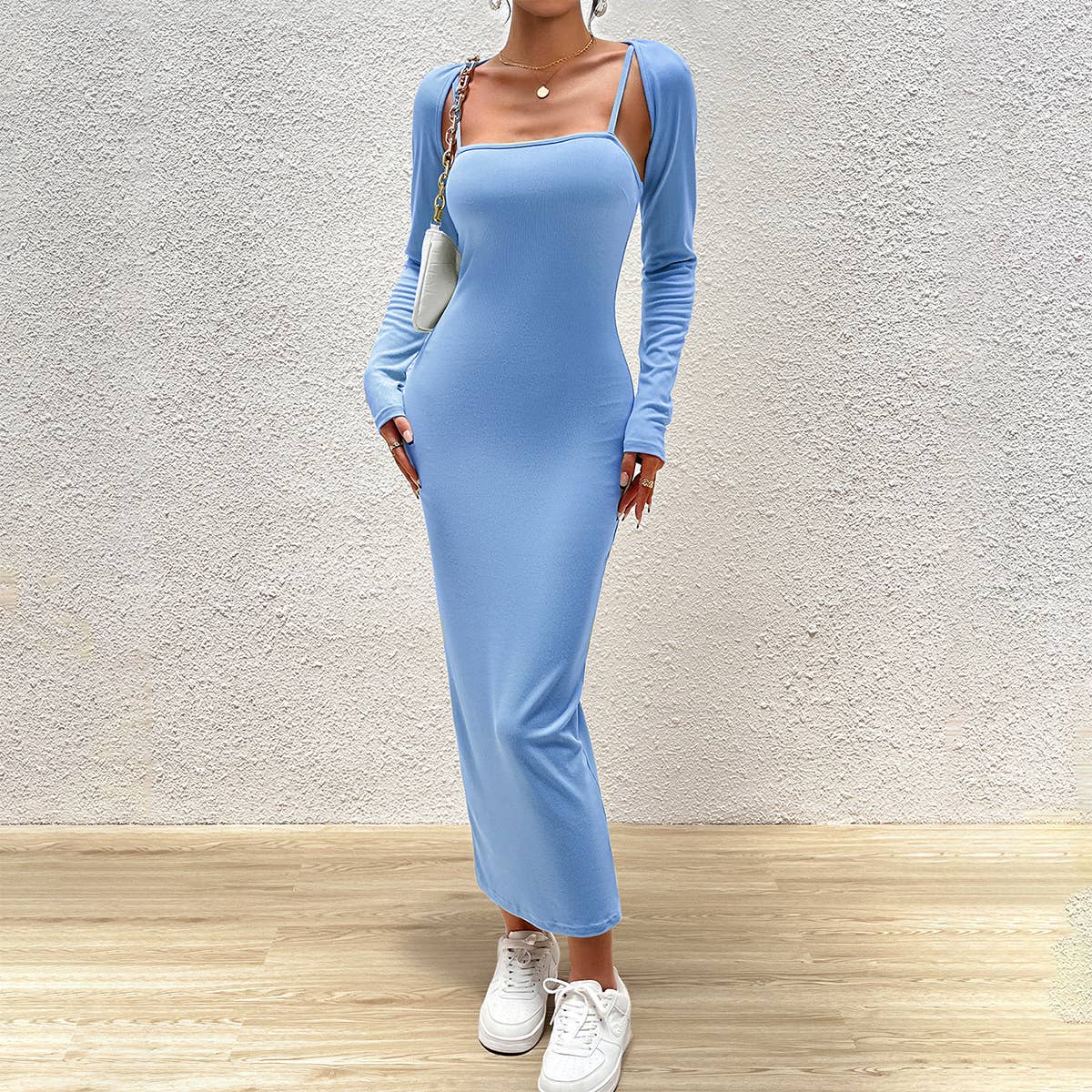 SOLID COLOR HALTER DRESS LONG SLEEVE TOP