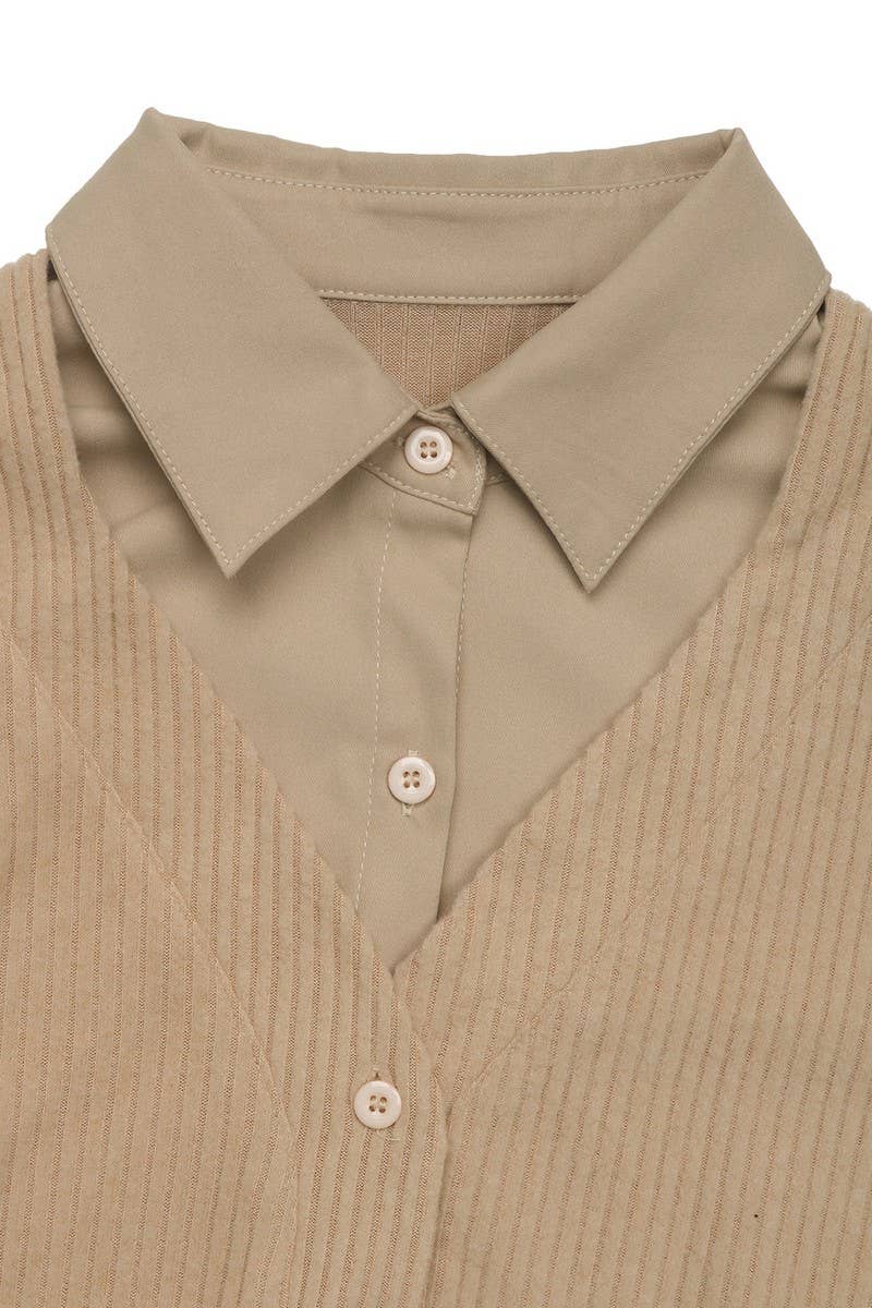 CWDMD4820_SOLID COLOR LAPEL LONG SLEEVE FAKE TWO PIECE DRESS