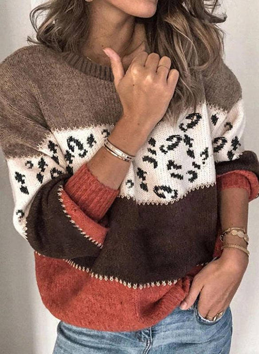 LEOPARD PRINT PATCHWORK FASHION KNIT PULLOVER