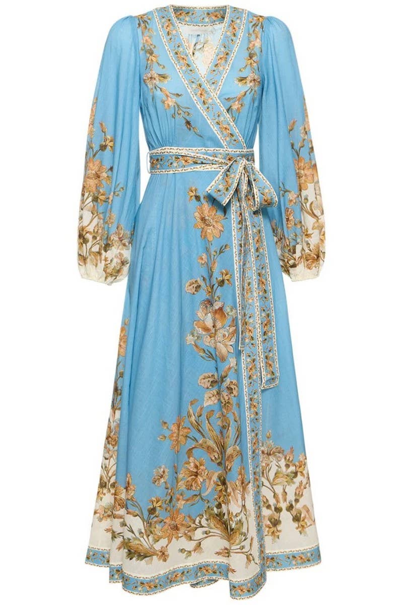 CWDMD5739_V-NECK FASHIONABLE PRINTED LONG-SLEEVED TIE DRESS