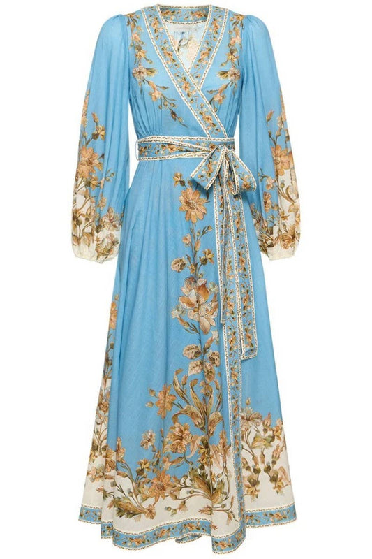 CWDMD5739_V-NECK FASHIONABLE PRINTED LONG-SLEEVED TIE DRESS