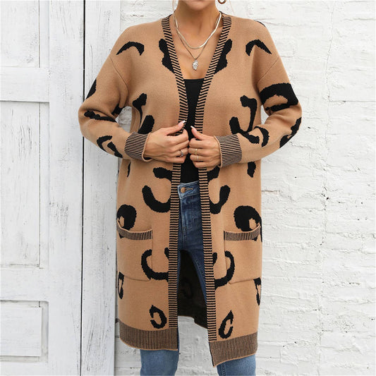 LEOPARD PRINT SWEATER LONG CARDIGAN FASHION COAT