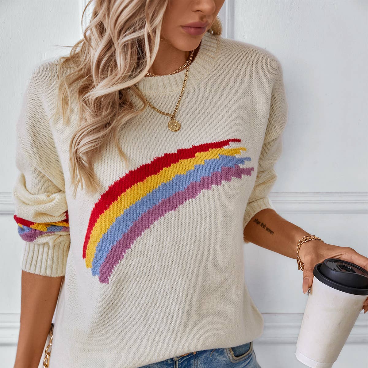 Stylish rainbow striped jacquard knitwear