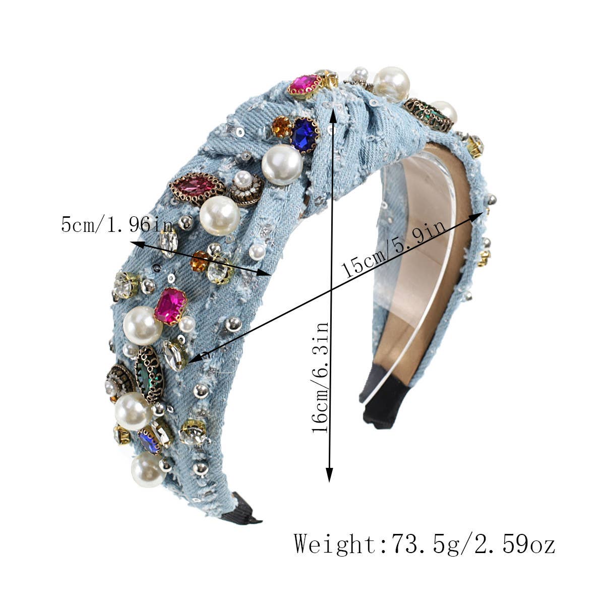 KNOTTED DENIM HEADBAND WITH COLORFUL RHINESTONES