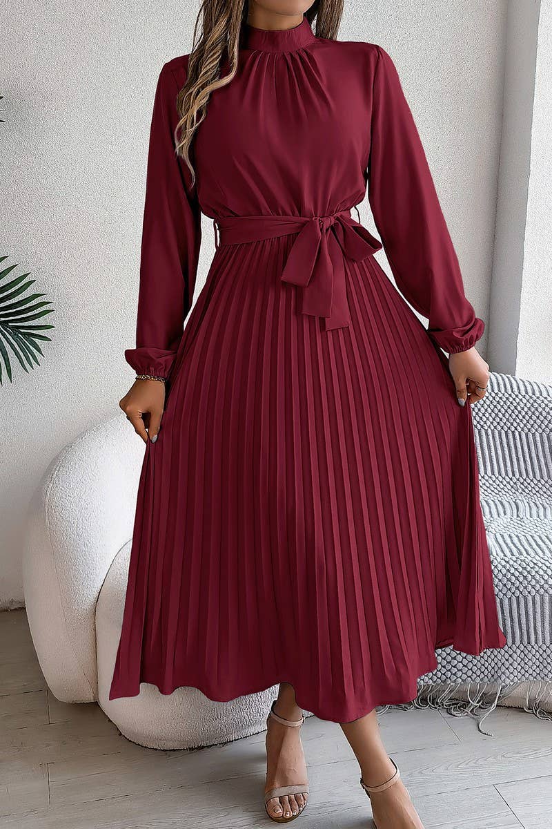 CWDMD3430_TIE STAND COLLAR PLEATED MAXI DRESS