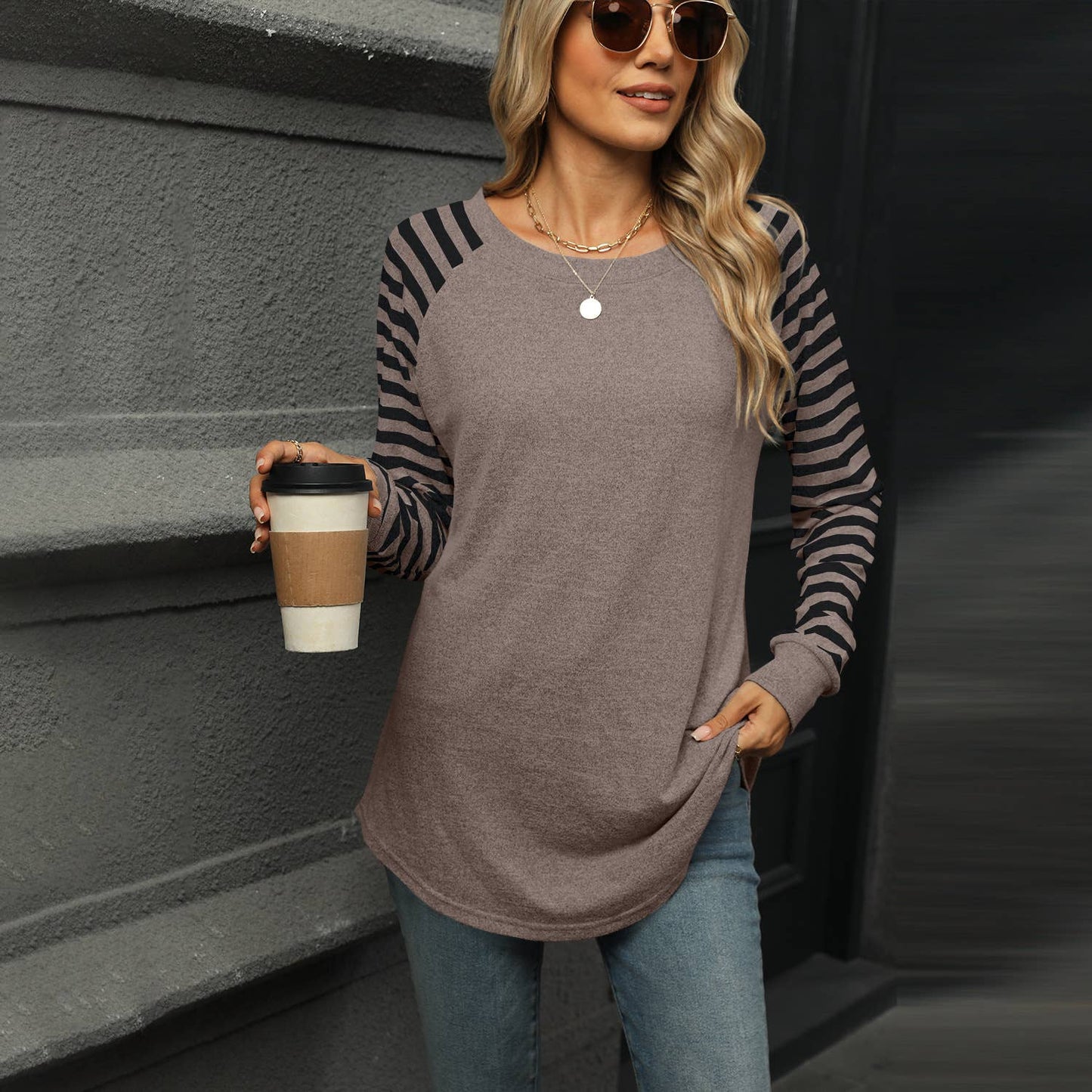 STRIPED PATCHWORK CREW NECK LONG SLEEVE T-SHIRT