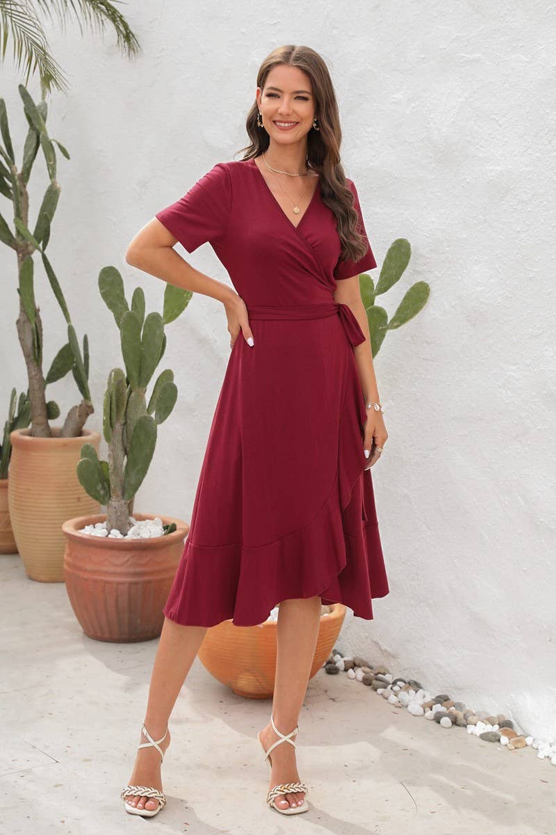 CWDMD2151_SOLID COLOR V-NECK HIGH WAIST BELTED DRESS