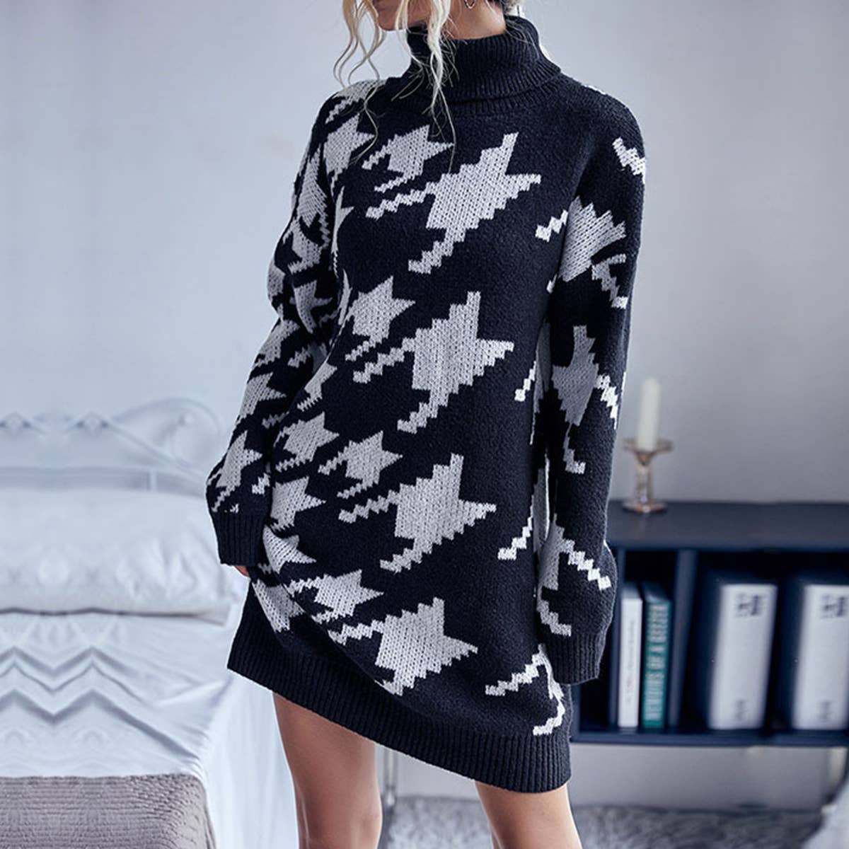 TURTLENECK LONG-SLEEVED PLAID SWEATER DRESS